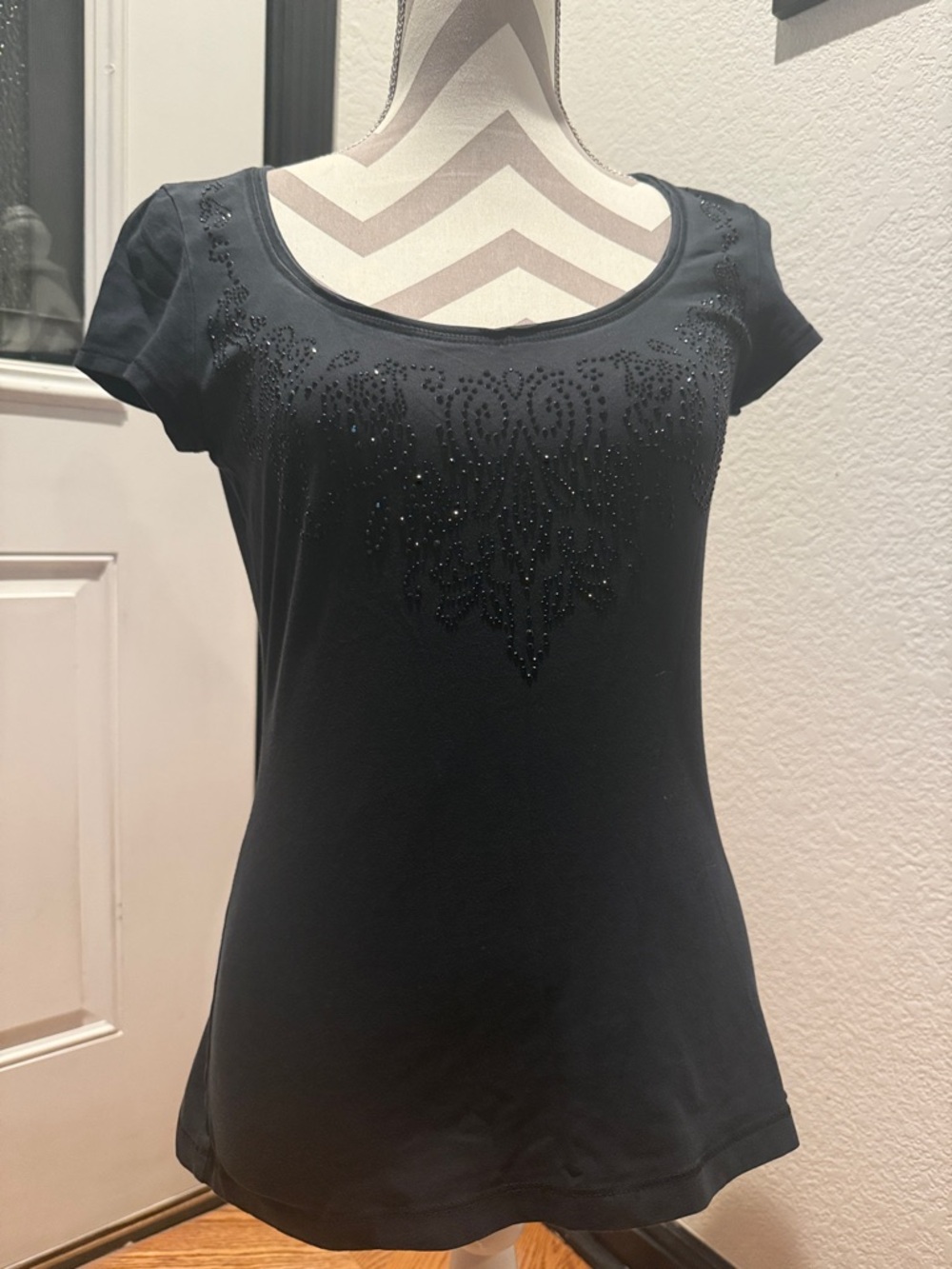 White House Black Market Black Scoop Neck Beaded Short Sleeve Top